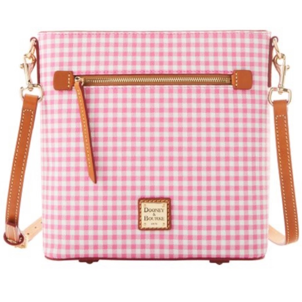 Dooney & Bourke Pink Gingham Crossbody Bag with Tan Leather Trim